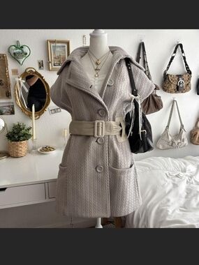 Mackage Hooded Textured Trench Coat in Light Taupe with Wide Belt